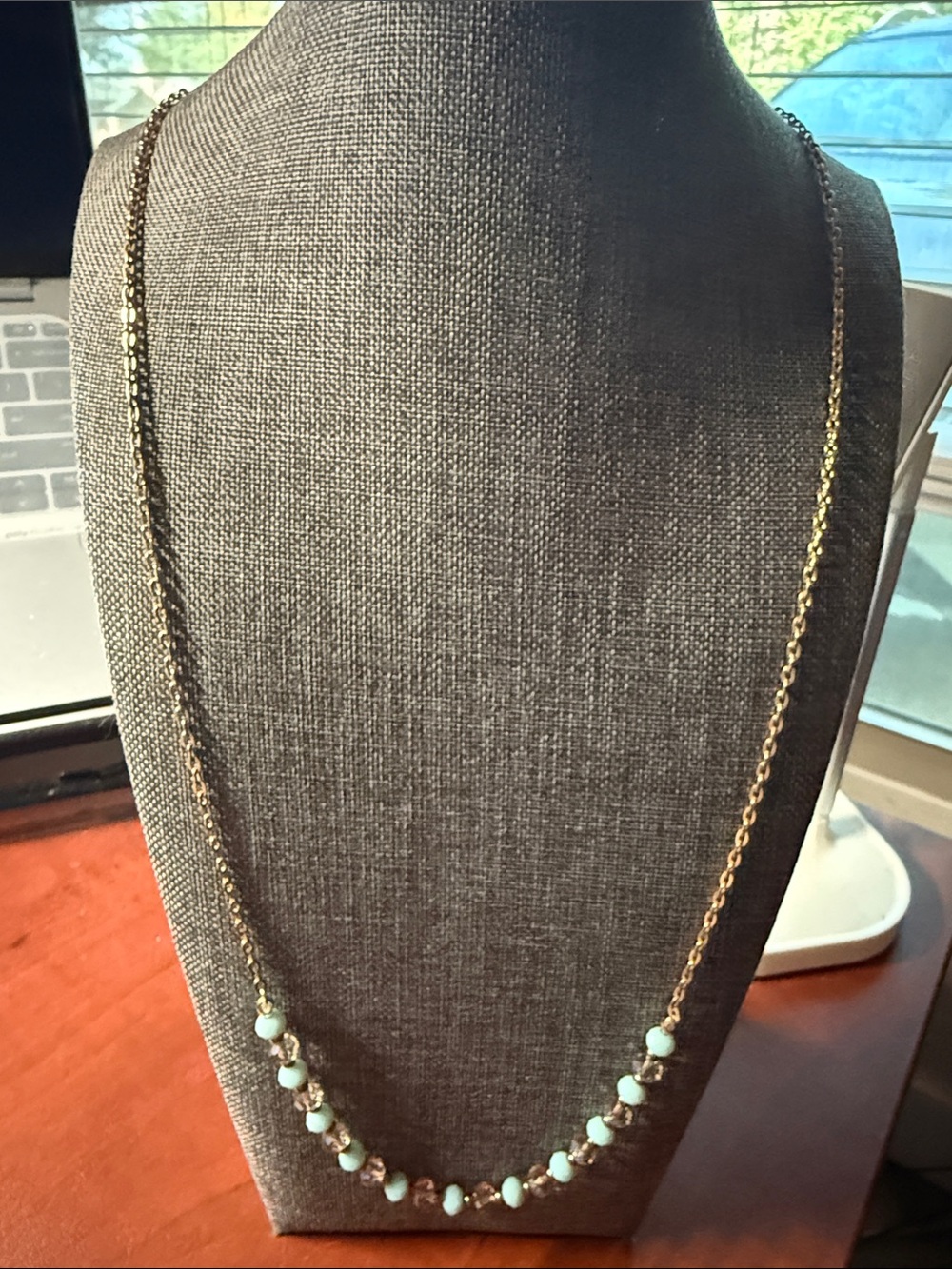 Gold Chain Necklace with Light Aqua Beads